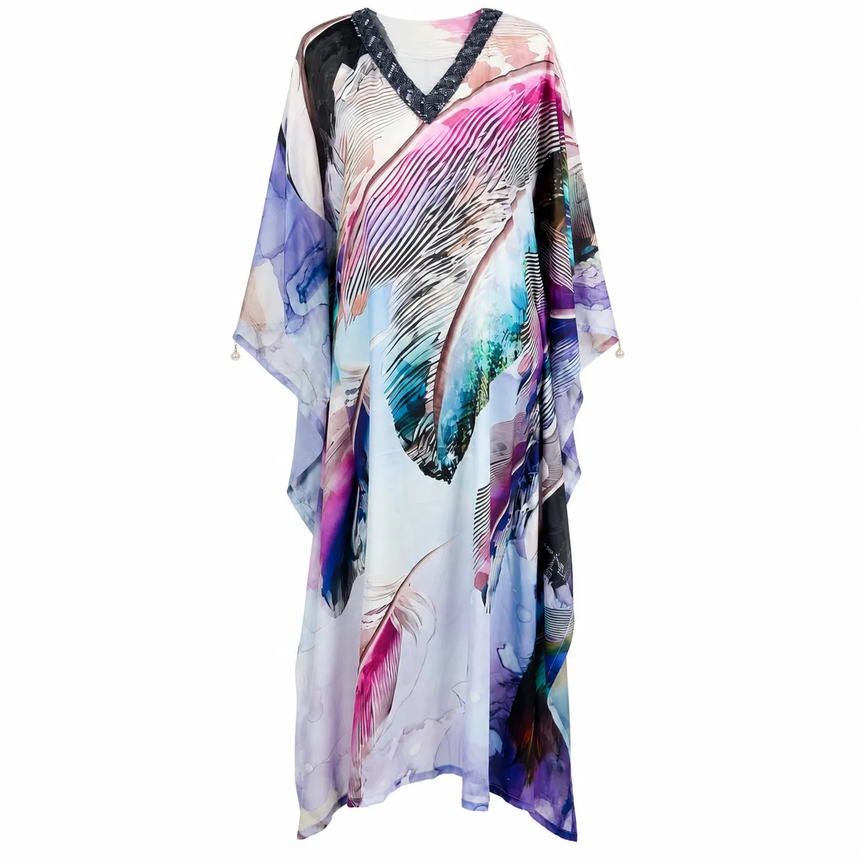 Women's Abstract Feather Print Long Kaftan Dress with V-Neck